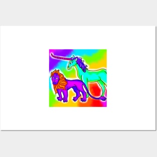 Medieval Derpy Lion and Unicorn Bad Medieval Art Trippy Rainbow Frank 90s Style Posters and Art